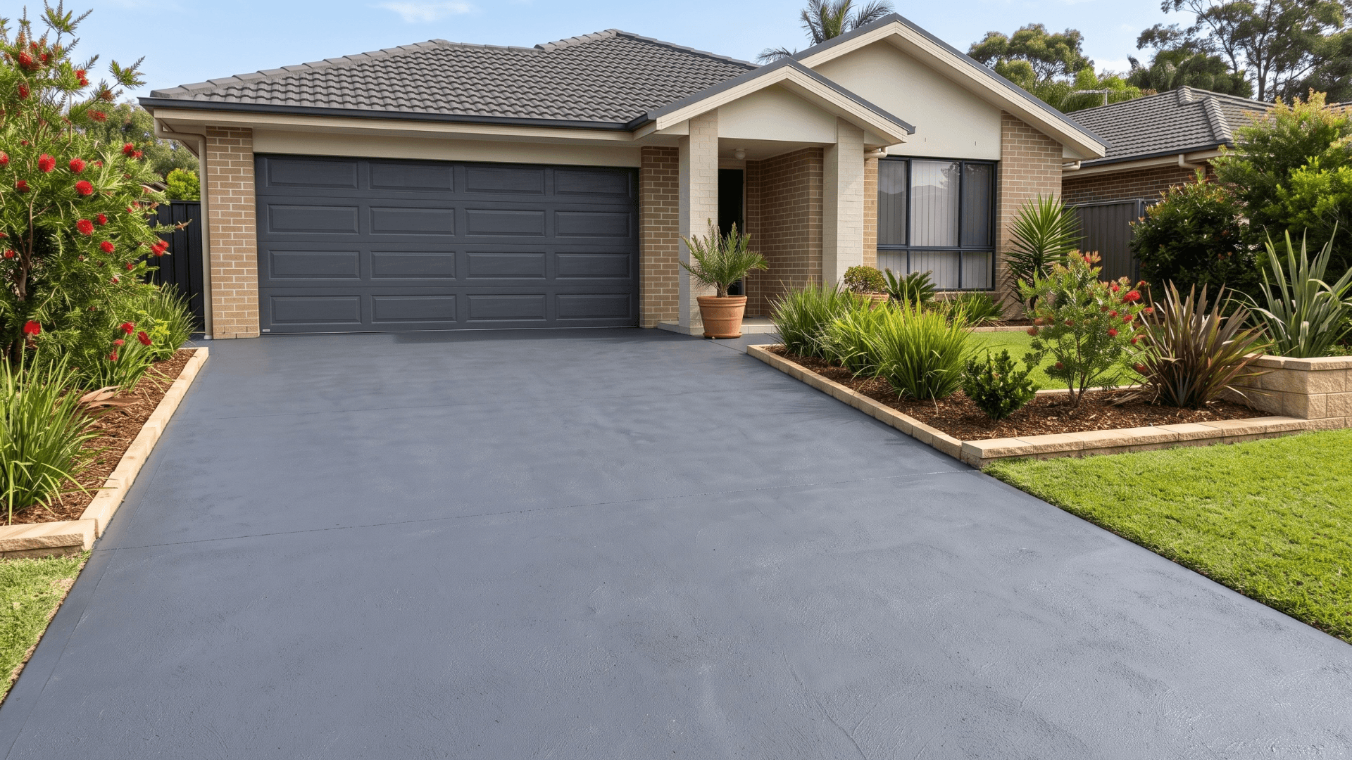 Professionally resurfaced concrete driveway with a clean grey finish