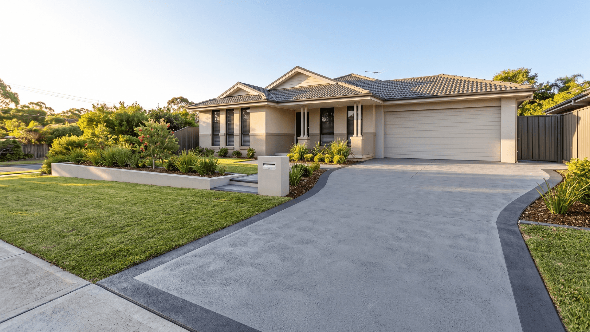 Spraycrete finish extending across a driveway surface and step