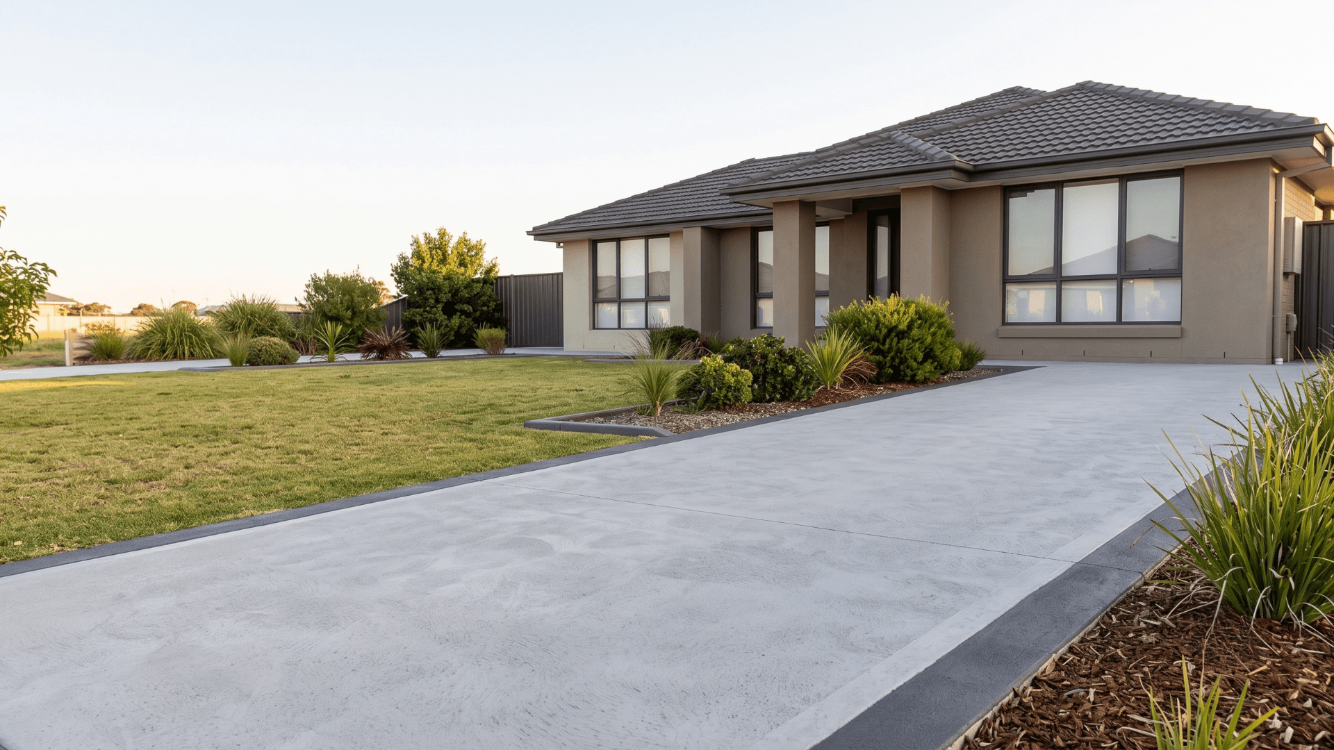 Freshly resurfaced concrete driveway with a smooth grey spraycrete finish
