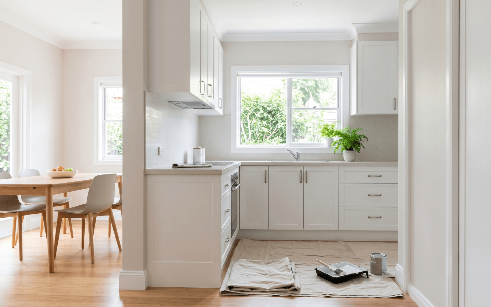 Kitchen and dining area with fresh interior paint finish