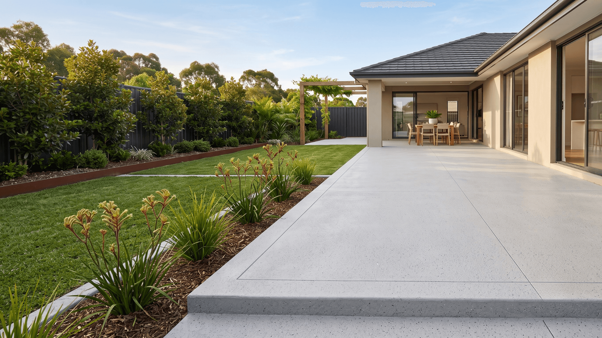 Resurfaced concrete patio area with a fresh finish
