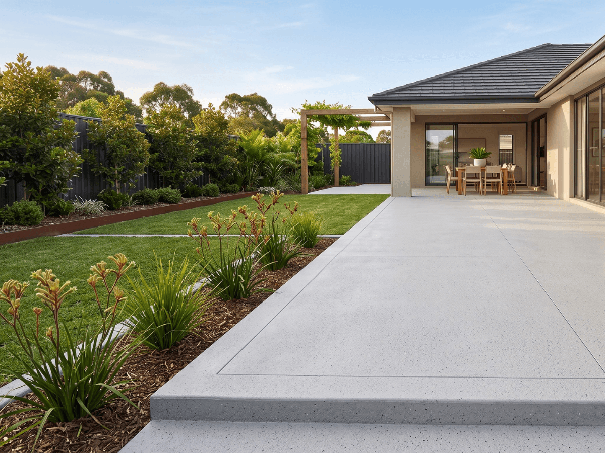 Outdoor patio area adjacent to a pool with a resurfaced concrete surface