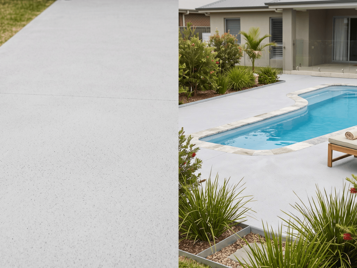 Close-up of a resurfaced pool surround edge showing a clean concrete finish